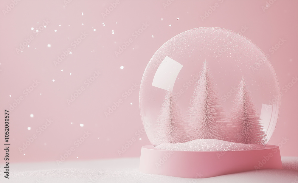 Minimalist snow globe with white trees on a pastel pink background, creating a dreamy winter scene. Minimalist snow globe with white trees on a pastel pink background, creating a dreamy winter scene.