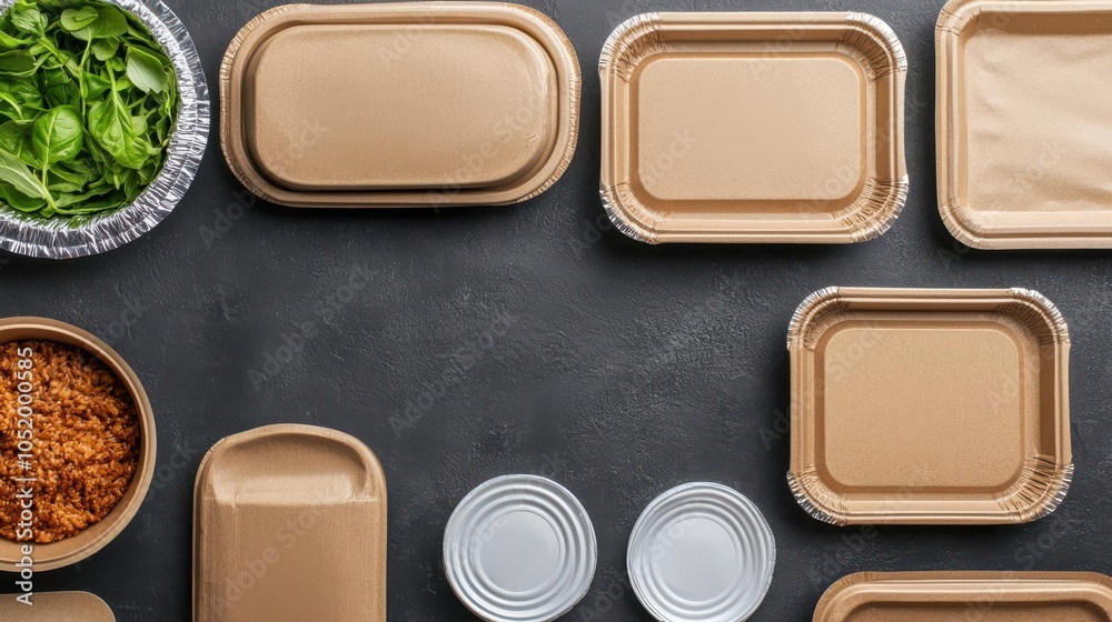Fototapeta premium Various disposable food containers and ingredients on tabletop.