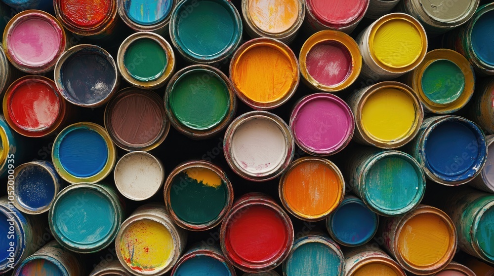 Vibrant Collection of Paint Cans Viewed from Above Embracing Artistic Expression and Home Renovation Themes Vibrant Collection of Paint Cans Viewed from Above Embracing Artistic Expression and Home Renovation Themes