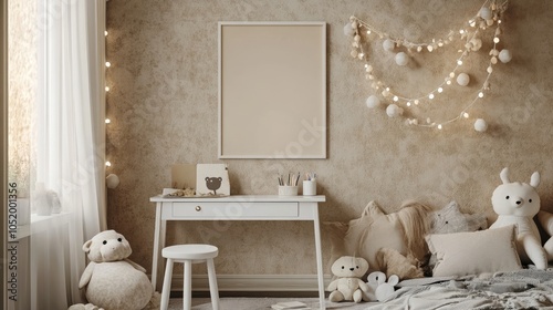 Cozy kidsa?? room interior featuring a mock-up poster frame, beige wall with stucco, white desk, stool, pillows, plush animal toys, a garland on the wall, and personal accessories photo