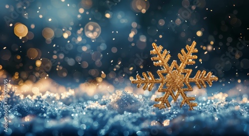 Golden Snowflake on Snowy Ground With Bokeh Lights
