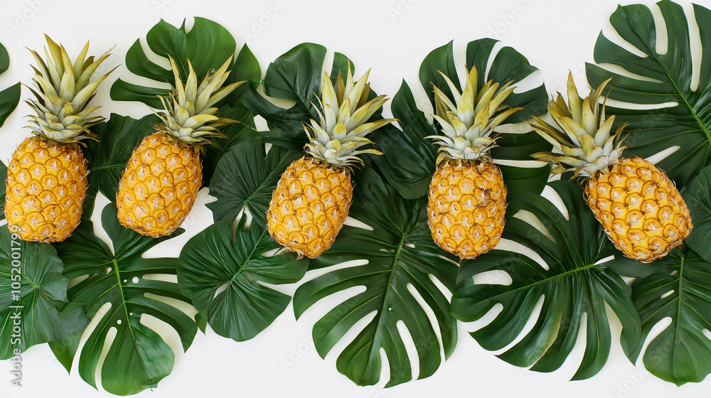 Tropical flat lay with green monstera leaves and two pineapples on a white background. Tropical flat lay with green monstera leaves and two pineapples on a white background.