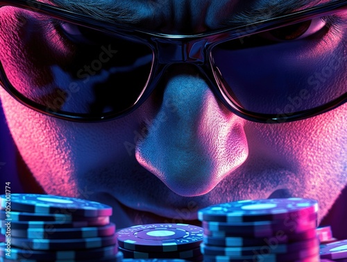 A suspenseful image showing a man in sunglasses deep in concentration over a stack of poker chips, embodying themes of focus, strategy, and determination. photo