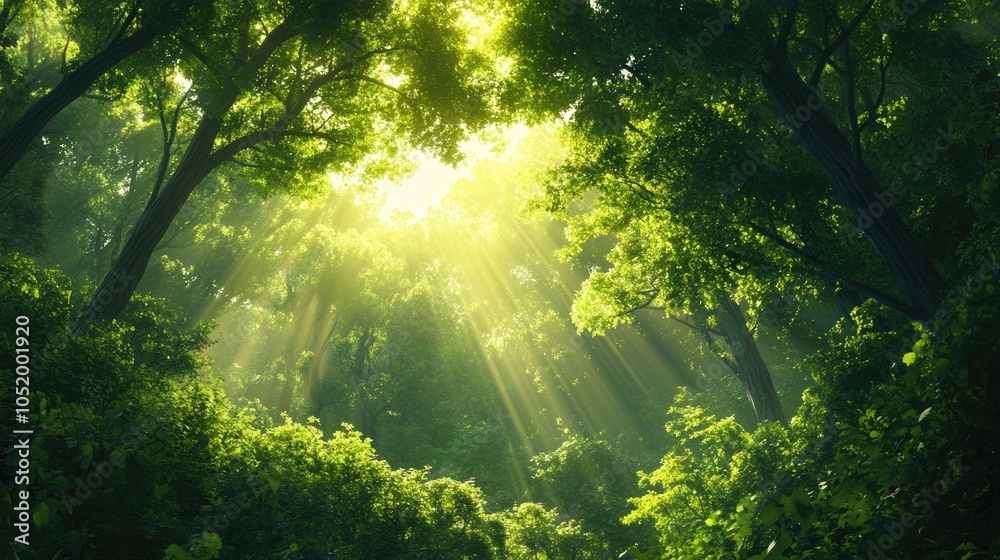 A vibrant and thick forest illuminated by sunlight streaming through the abundant green foliage A vibrant and thick forest illuminated by sunlight streaming through the abundant green foliage
