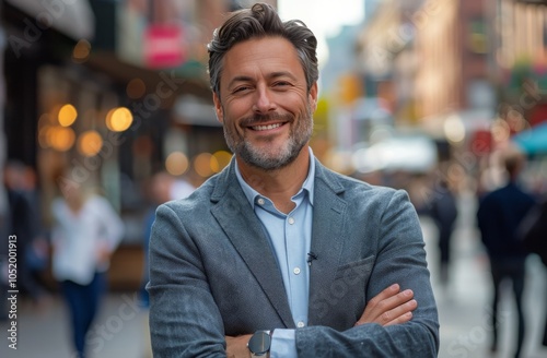 Confident Man Smiling in a Suit on a City Street