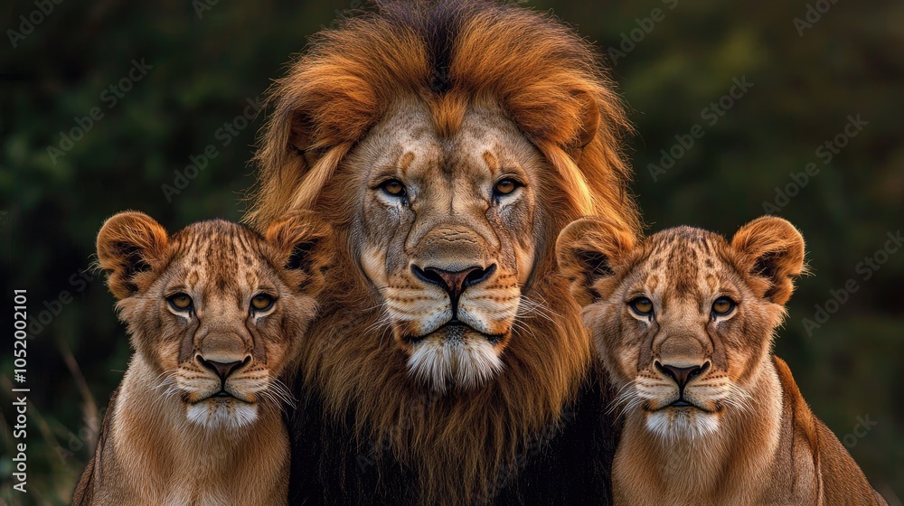 Portrait of three lions featuring a large lion and two younger ones showcasing their distinct expressions and features Portrait of three lions featuring a large lion and two younger ones showcasing their distinct expressions and features