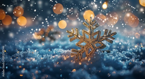 Golden Snowflake on Snowy Ground With Bokeh Lights