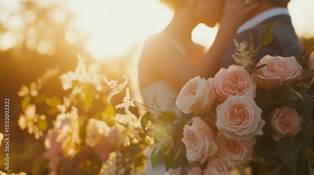 Fototapeta premium Bride and groom sharing a kiss with a bouquet of pink and white flowers in natural light.