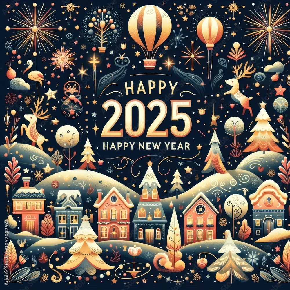 Obraz premium 2025happy New Year, minimal modern and avant garde sketches on a white background, 16:9. 3D Rendering