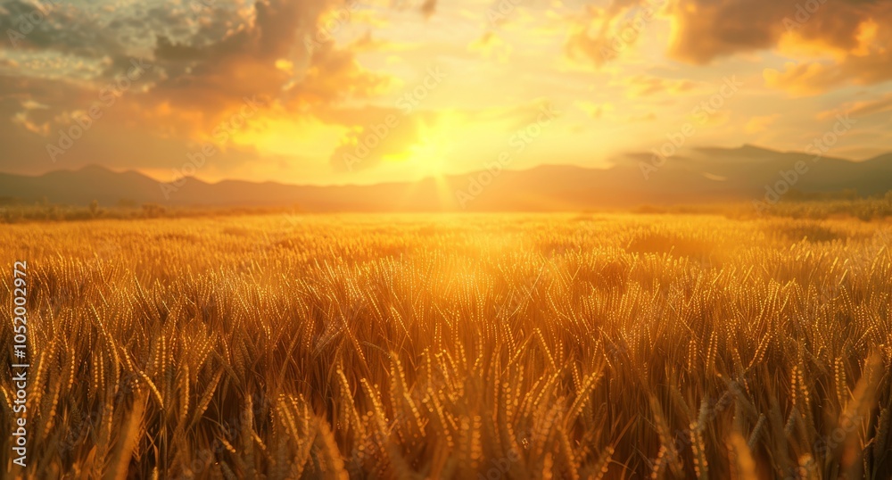 Obraz premium Golden Wheat Field Sunset Over Mountain Range