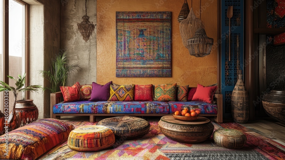 Eclectic bohemian living space featuring rich textures and vibrant hues Eclectic bohemian living space featuring rich textures and vibrant hues