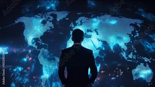 A business leader standing in front of a holographic world map, making decisions based on global analytics #1052003508