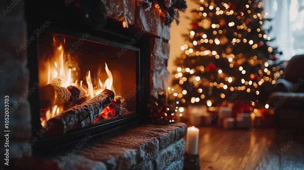 cozy fireplace adorned with twinkling christmas lights, a beautifully decorated christmas tree in the background, warm glow illuminating festive decorations and creating a joyful atmosphere cozy fireplace adorned with twinkling christmas lights, a beautifully decorated christmas tree in the background, warm glow illuminating festive decorations and creating a joyful atmosphere
