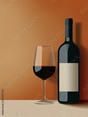Red Wine Bottle and Glass on Beige Surface