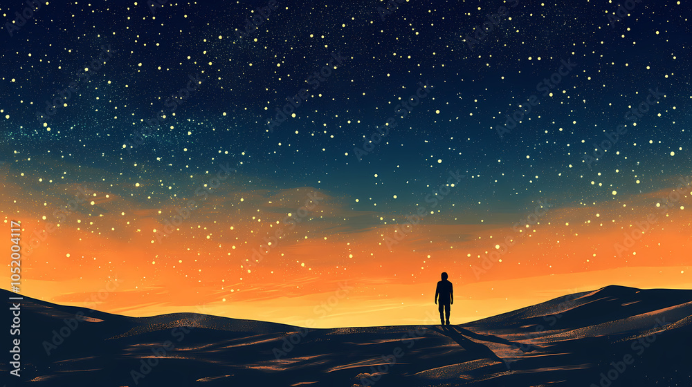 Fototapeta premium Lone figure walking in the desert under a starry night sky. Starry Desert Sky. Illustration