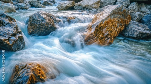 Vibrant river water cascades over rocks in sunlight creating whitewater waves long exposure captures delicate thread like patterns in an abstract natural scene photo