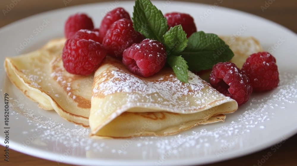 Rustic scene with homemade crepes topped with raspberries and mint, beautifully plated. Rustic scene with homemade crepes topped with raspberries and mint, beautifully plated.