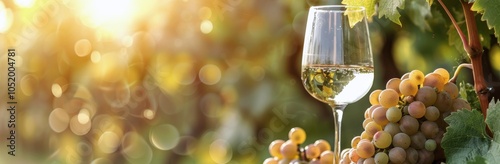 Glass of White Wine With Grapes on Wooden Table in Vineyard