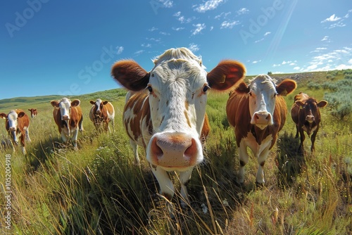 Curious Cows Gazing at the Camera in a Green Pasture on a Sunny Day