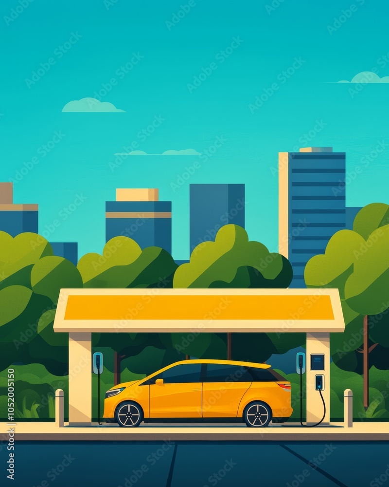 Bright Yellow Electric Car at Charging Station Bright Yellow Electric Car at Charging Station