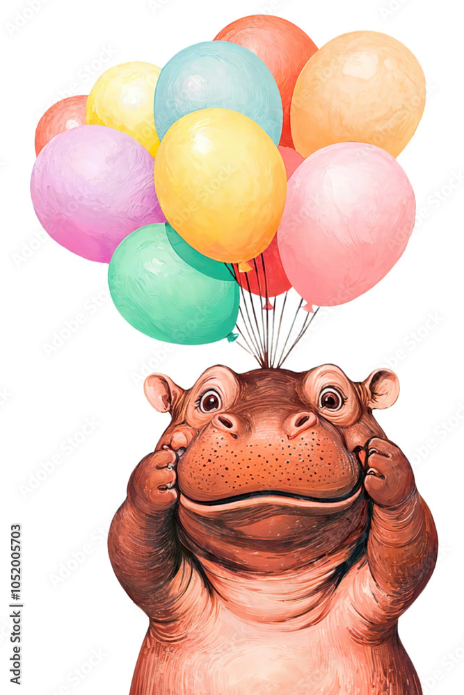 Excited hippo holding a bunch of pastel balloons, festive animal illustration isolated on black background