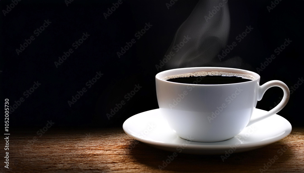 Hot black coffee in white ceramic cup on side position provides copy space for text. background concept isolated dark background Hot black coffee in white ceramic cup on side position provides copy space for text. background concept isolated dark background