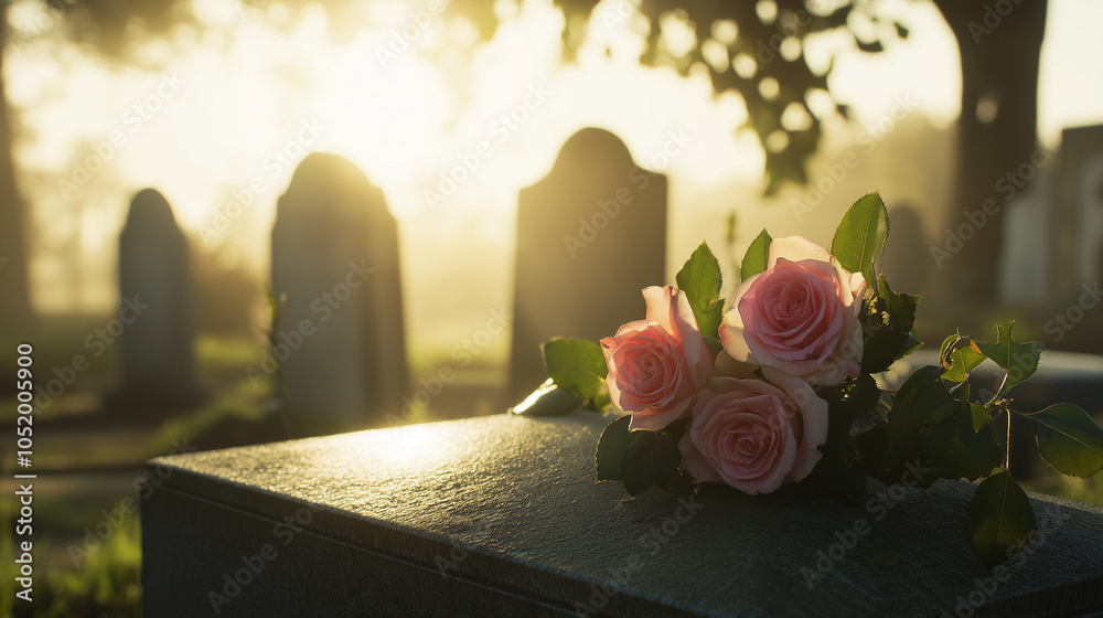 Obraz premium Pink roses on a gravestone in a serene cemetery at sunset, symbolizing remembrance and peace.