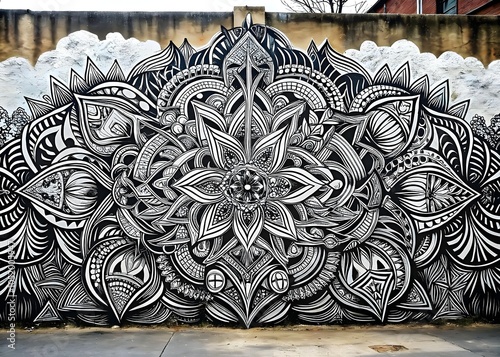 Intricate Black White Mural Art Design Decorative Patterns Urban Expression photo