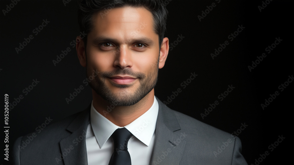 Confident man in a suit, posing against a dark background with a slight smile. Confident man in a suit, posing against a dark background with a slight smile.