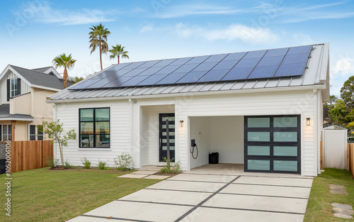 Modern Solar House with Integrated Electric Vehicle Charger