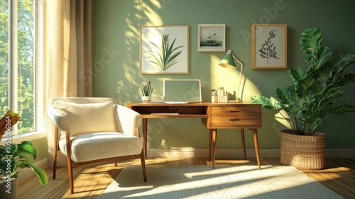 Cozy office with wooden desk, armchair, mint lamp, stylish decor, and beige-green walls