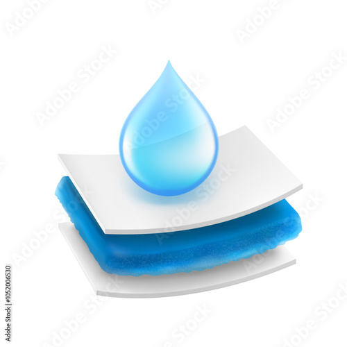 Realistic drop with layered absorbent core that shows prevents leaking. Vector illustration isolated on white background. Perfect for hygiene product and absorbent materials. EPS10.