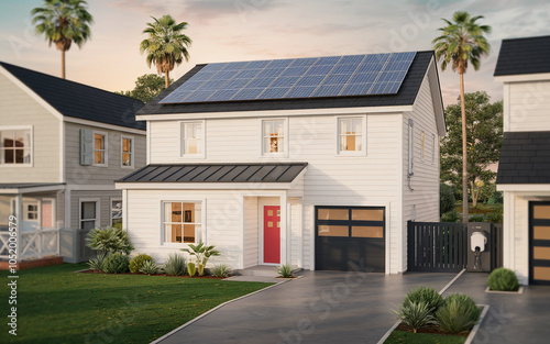 Modern Suburban House with Solar Roof and Electric Vehicle Charging Station