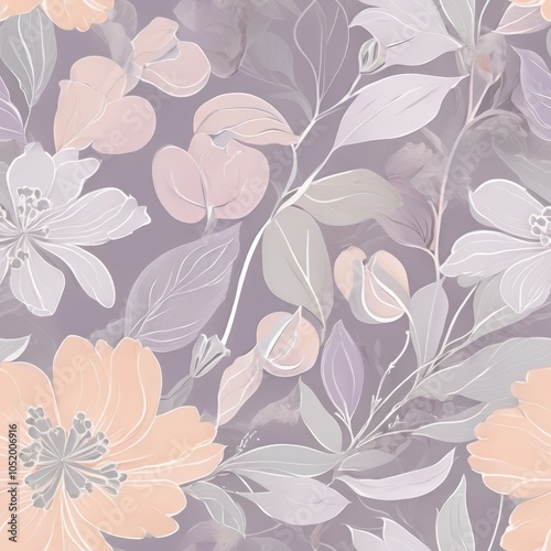 Seamless whimsical floral pattern with soft lavender, peach, and misty grey tones.