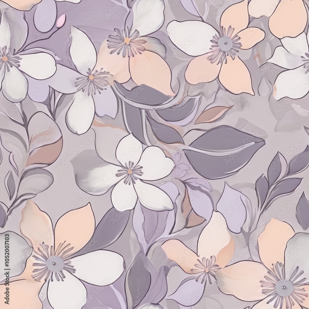 Seamless whimsical floral pattern with soft lavender, peach, and misty grey tones. Seamless whimsical floral pattern with soft lavender, peach, and misty grey tones.