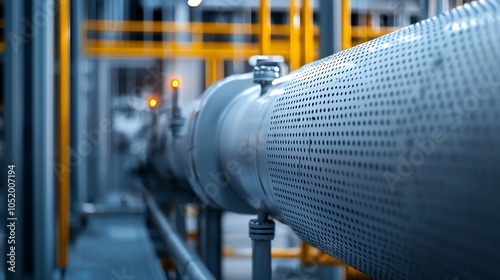 A close-up view of a metallic pipe in an industrial setting, featuring a perforated design and surrounded by yellow safety barriers. photo