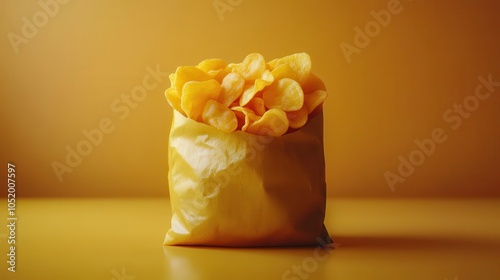 bright yellow bag of potato chips isolated against a clean background, highlighting the texture and crispness of the snack. the vibrant color evokes a sense of fun and indulgence