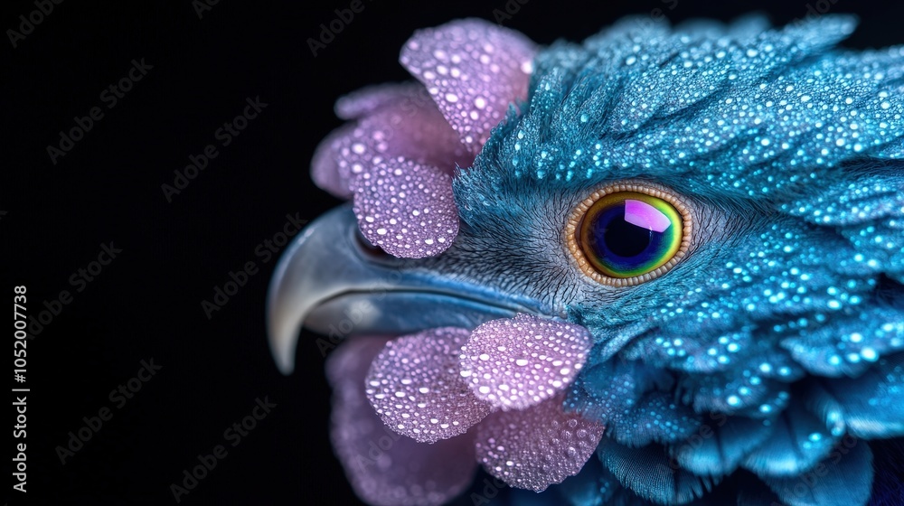 Obraz premium Blue Bird with Water Drops and Eye Close Up Fantasy Creature AI Art