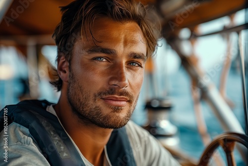 A man with sunlit features smiles aboard a boat, surrounded by ocean waves and vibrant blue skies. photo