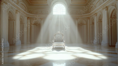 empty throne hall featuring a grand white throne, bathed in soft light, evoking a sense of majesty and anticipation in the stillness photo