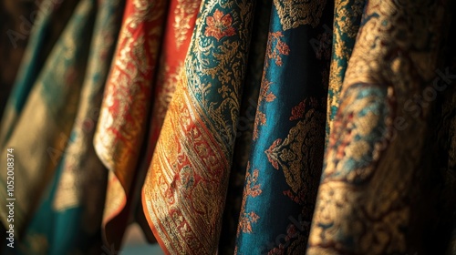 An array of richly colored Thai silk, featuring detailed patterns, elegantly hanging from a cloth stand, capturing the essence of Thai culture photo