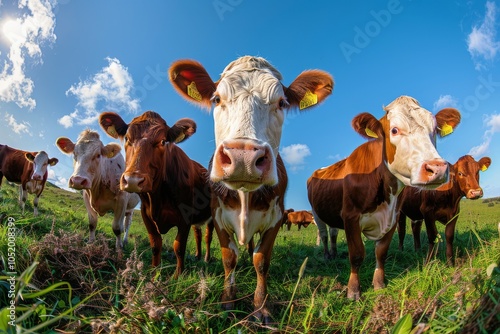 Curious Cows Gazing at the Camera in a Green Pasture on a Sunny Day
