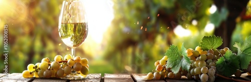 Glass of White Wine With Grapes on Wooden Table in Vineyard