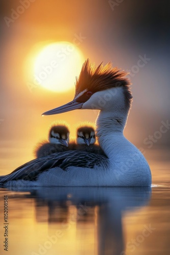A mother bird with her ducklings at sunset on a tranquil lake