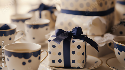 Tea Set with Gift Box: Elegant tea set with polka dot patterns next to a beautifully wrapped gift box with a navy ribbon on a table.