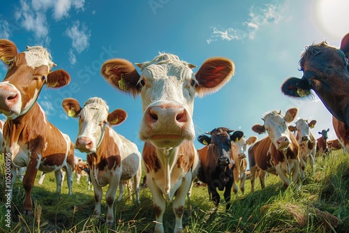 Curious Cows Gazing at the Camera in a Green Pasture on a Sunny Day