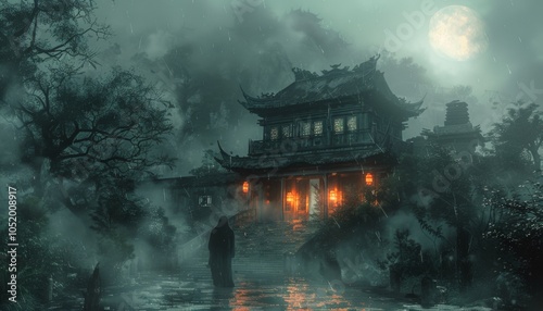 A Ghostly Figure Stands Before an Old House in the Fog at Night