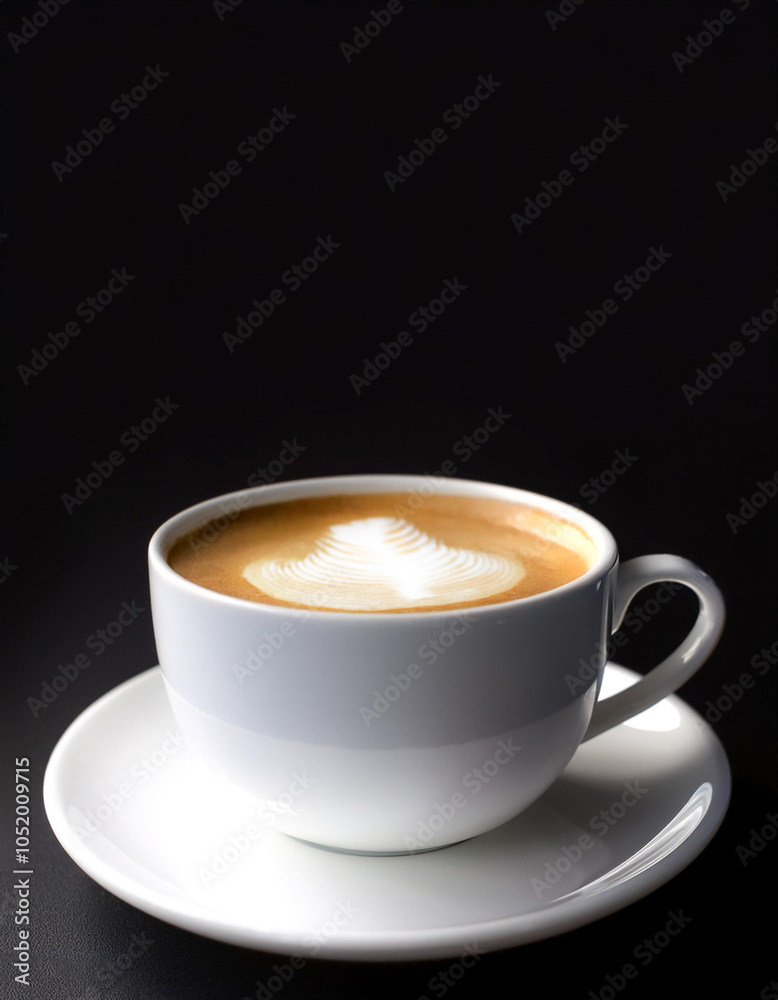 Obraz premium Hot latte coffee in white ceramic cup on side position provides copy space for text. background concept isolated dark background