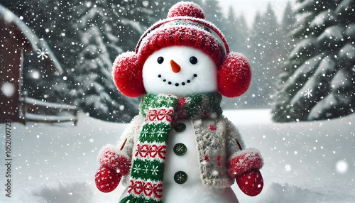 A snowman wearing earmuffs and a green scarf, standing in the falling snow.