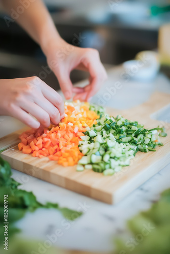 Close-up of hands arranging freshly chopped vegetables, showcasing a vibrant mix of greens and root veggies in a bright kitchen environment.